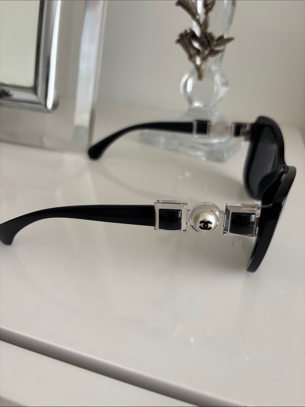 CHANEL Black Sunglasses with Crystal and Pearl Logo Accents